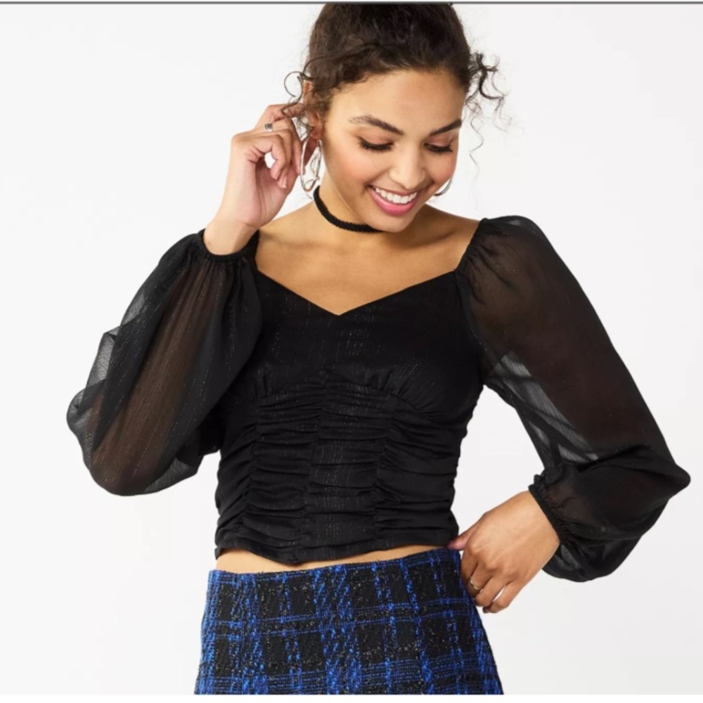 SO Large Black Cropped Ruched  Top Y2K 90s Whimsygoth Milkmaid SilverThread NWT